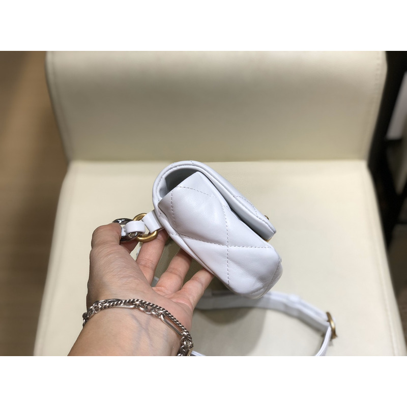 Ch*el 19 lamb skin metal golden buckle handbag white