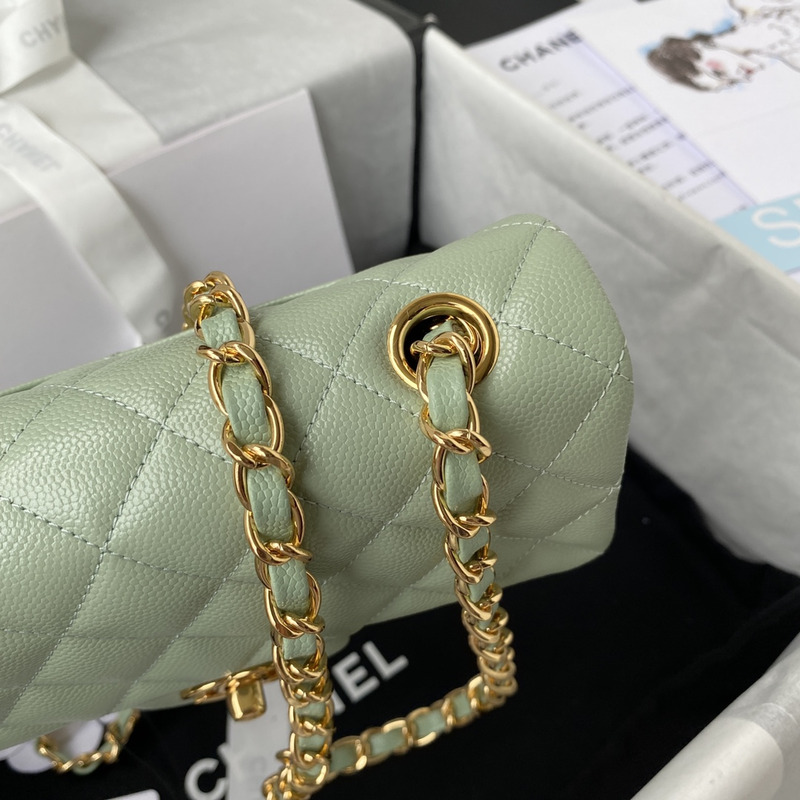 Ch*el classic handbag grained shiny calfskin & gold-tone metal green