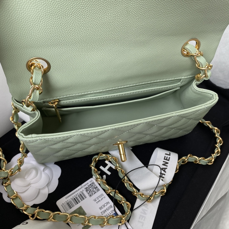 Ch*el classic handbag grained shiny calfskin & gold-tone metal green