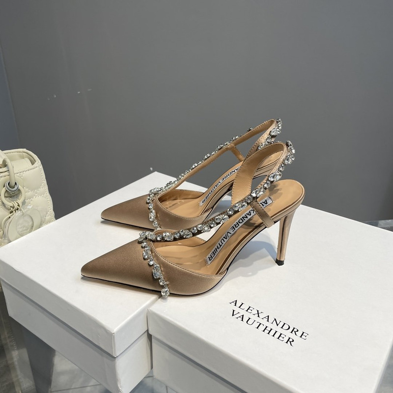 Alexandre Vauthier Pointed Toe Rhinestone High Heels Stiletto Silk Sandals Champagne