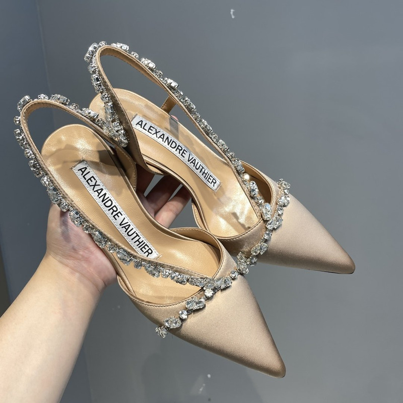 Alexandre Vauthier Pointed Toe Rhinestone High Heels Stiletto Silk Sandals Champagne