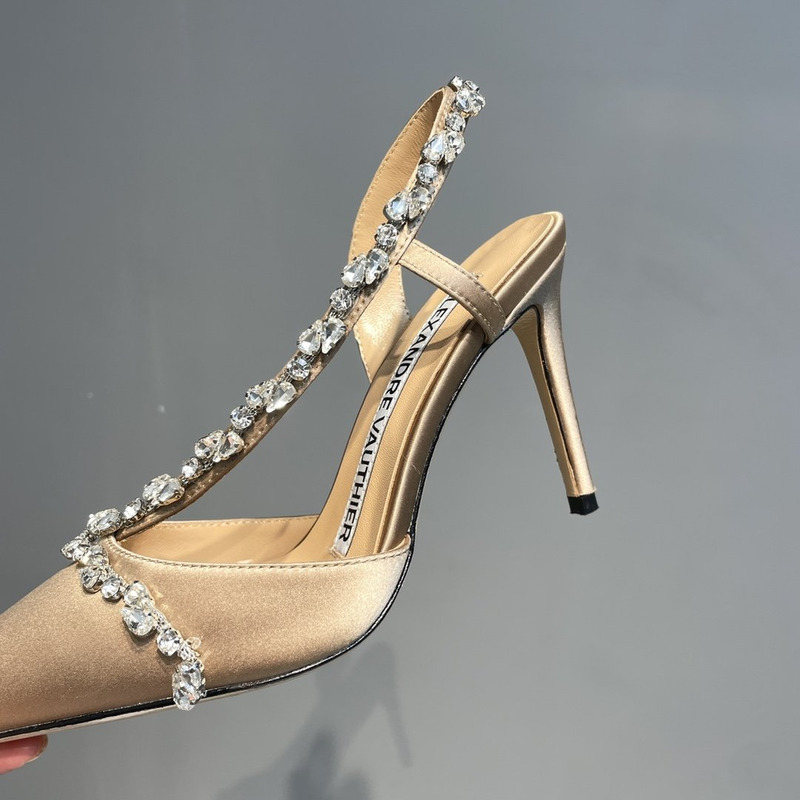 Alexandre Vauthier Pointed Toe Rhinestone High Heels Stiletto Silk Sandals Champagne