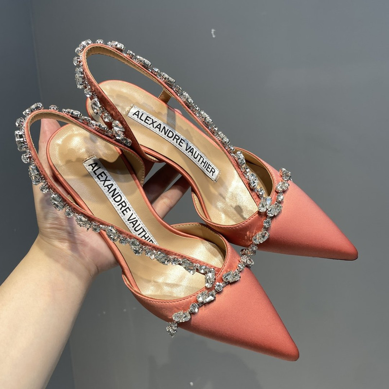 Alexandre Vauthier Pointed Toe Rhinestone High Heels Stiletto Silk Sandals Nude Pink