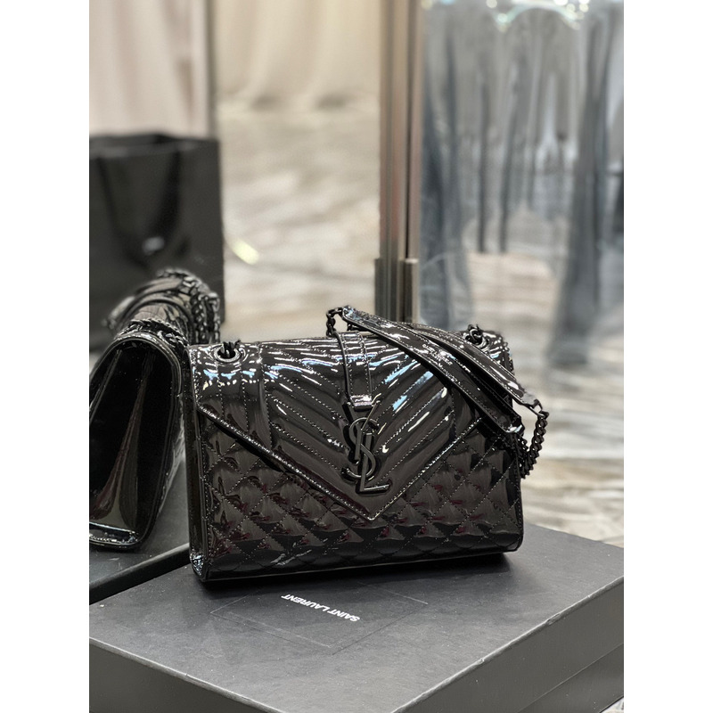 Saint Lauren Quilted Leather Envelope Bag in Patent Leather Black Black Buckle