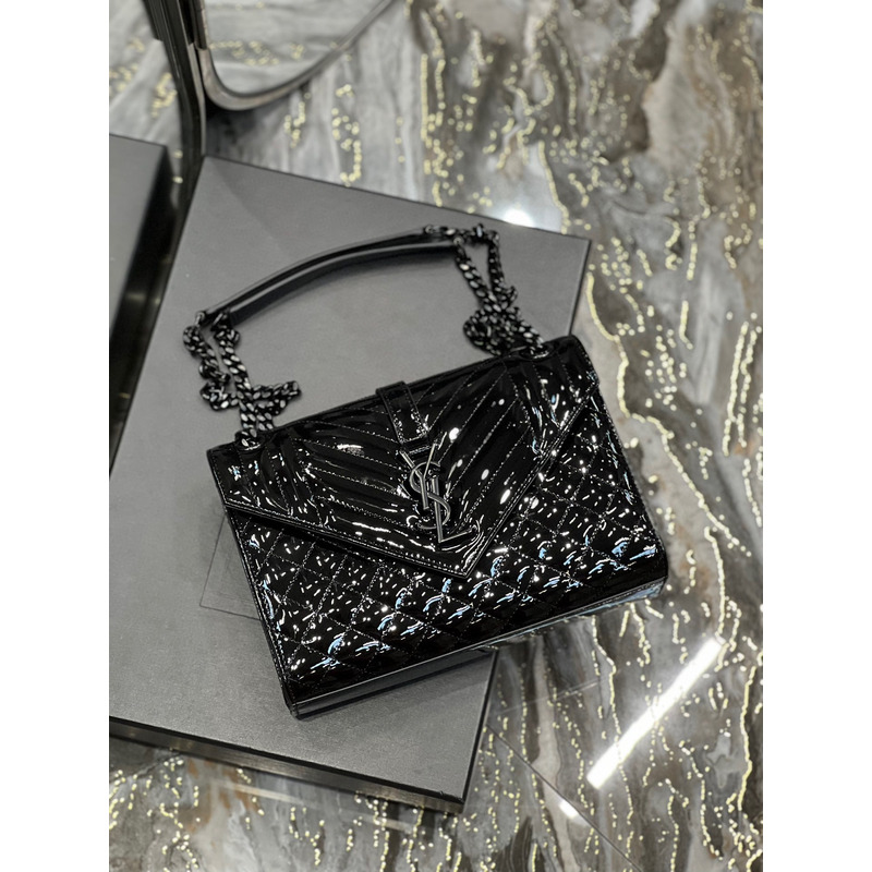 Saint Lauren Quilted Leather Envelope Bag in Patent Leather Black Black Buckle
