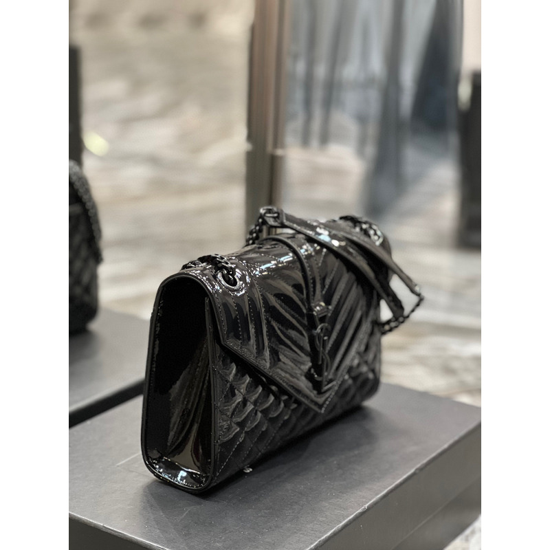 Saint Lauren Quilted Leather Envelope Bag in Patent Leather Black Black Buckle