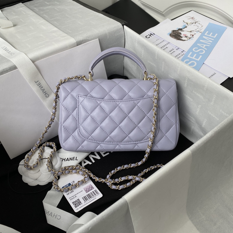 Ch*el mini flap bag with top handle lambskin & gold-tone metal purple