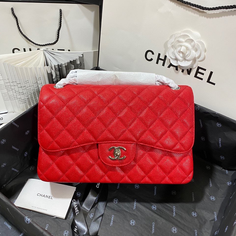 Ch*el cf1113 jumbo double flap grained calfskin red