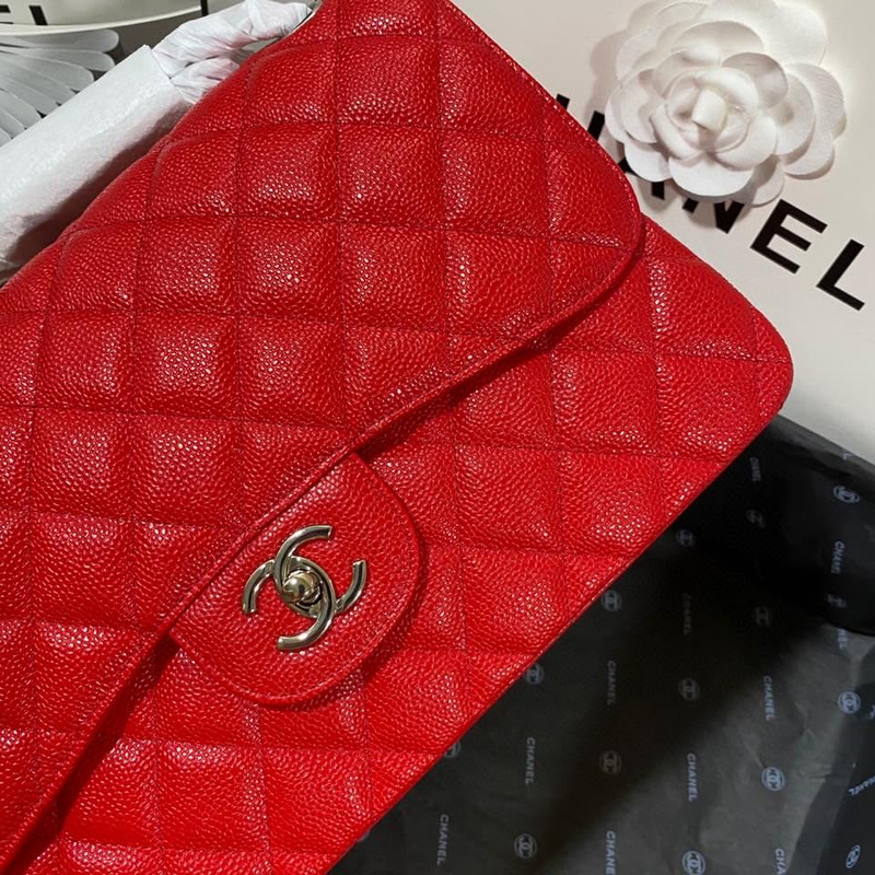 Ch*el cf1113 jumbo double flap grained calfskin red