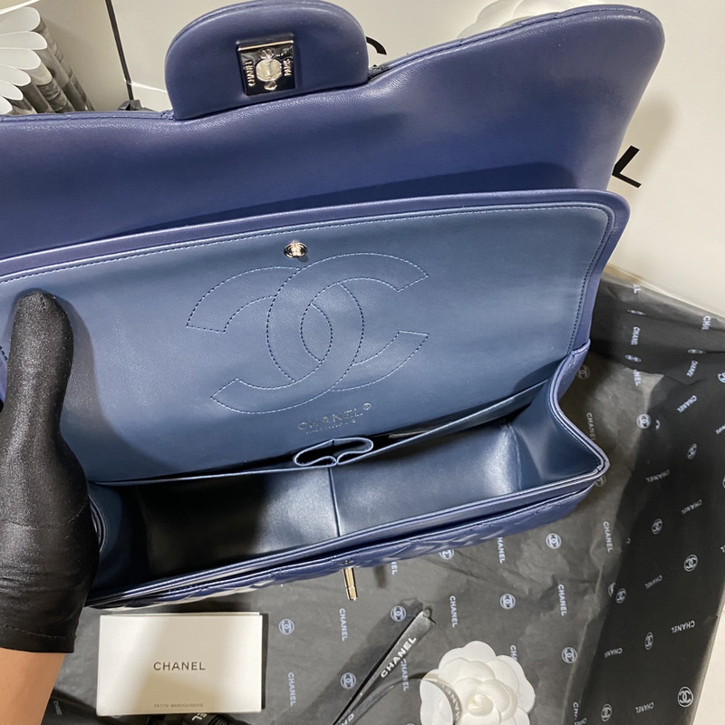 Ch*el 21s Ch*el blue classic flap medium cf25 dark blue