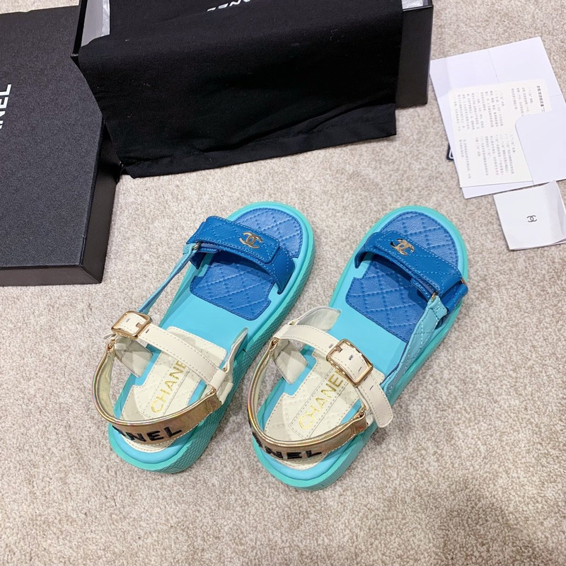 Ch*el open toe platform plain block heels blue/white