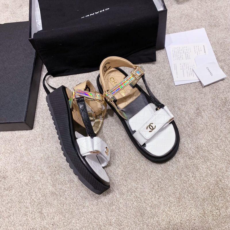 Ch*el open toe platform plain block heels white/brow