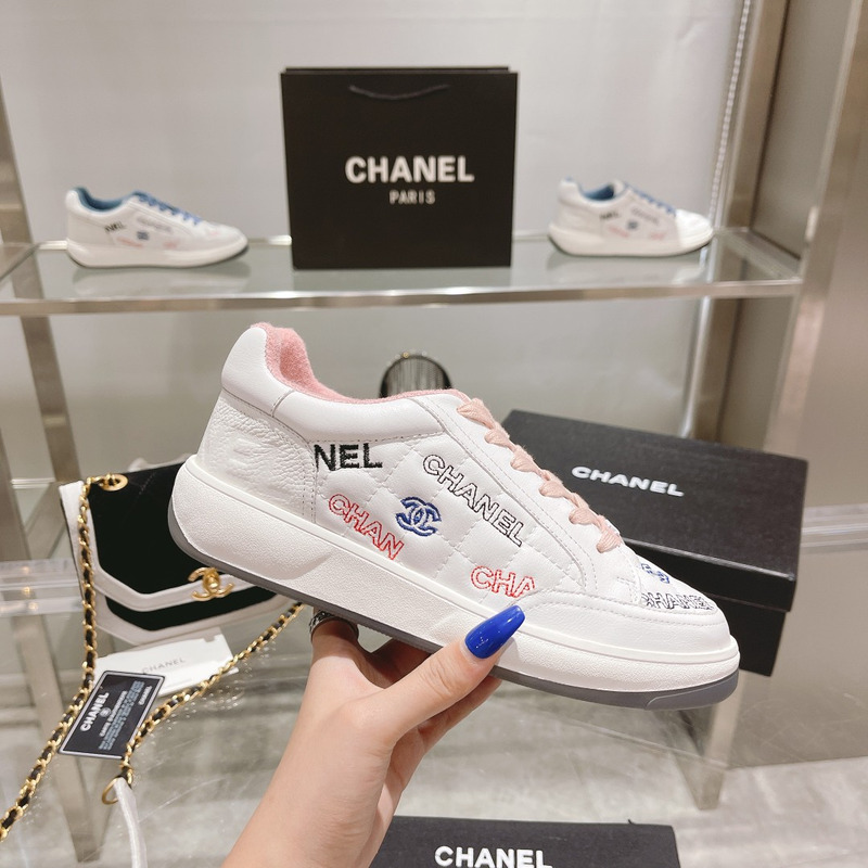 Ch*el logo embroidered sneakers white pink