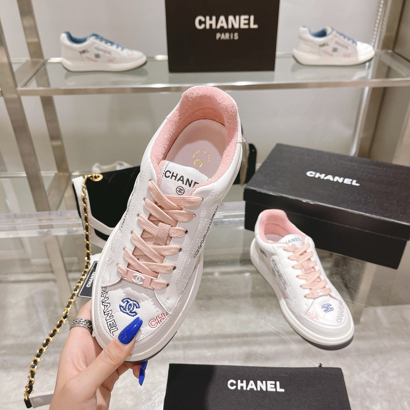Ch*el logo embroidered sneakers white pink