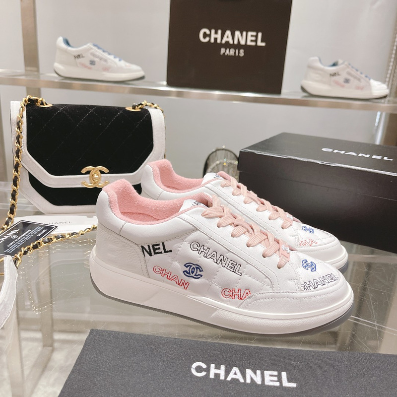 Ch*el logo embroidered sneakers white pink