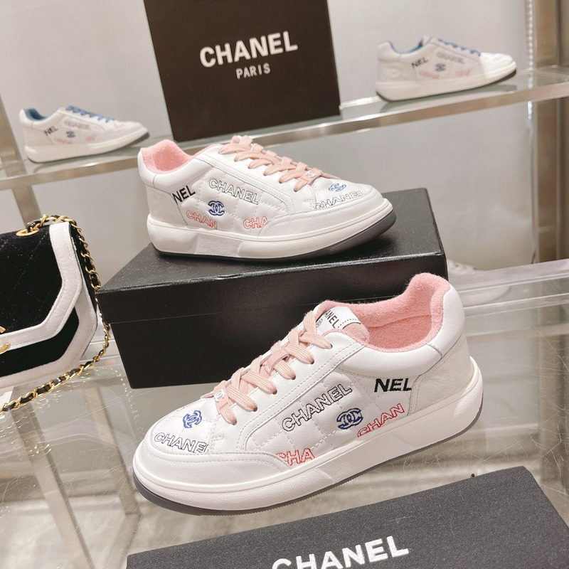 Ch*el logo embroidered sneakers white pink
