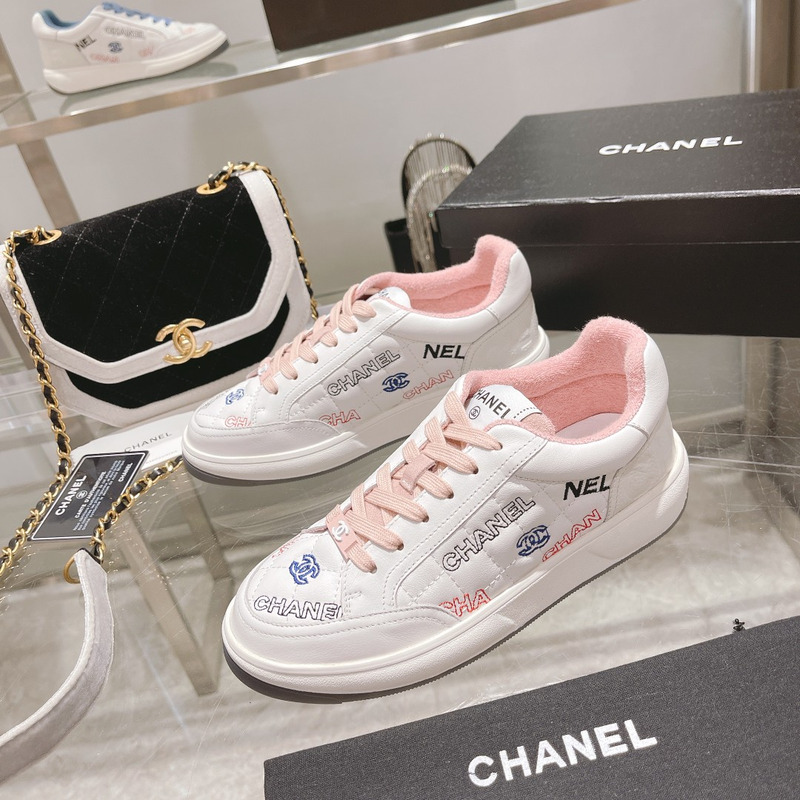 Ch*el logo embroidered sneakers white pink