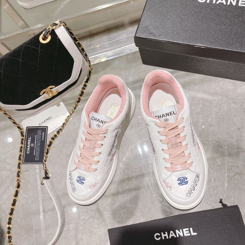 Ch*el logo embroidered sneakers white pink