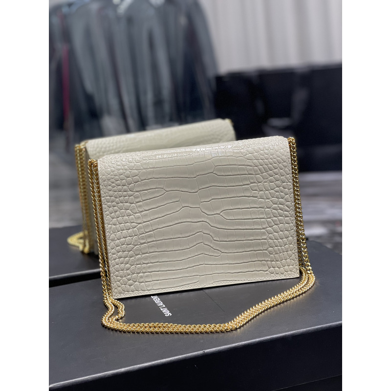 Saint Laurent Cassandra Medium Chain Bag In crocodile Embossed Shiny Leather White