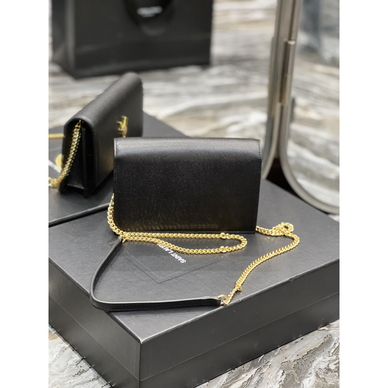 Saint Laurent Monogram Grain de Poudre Crossbody Bag Black(Gold Logo)