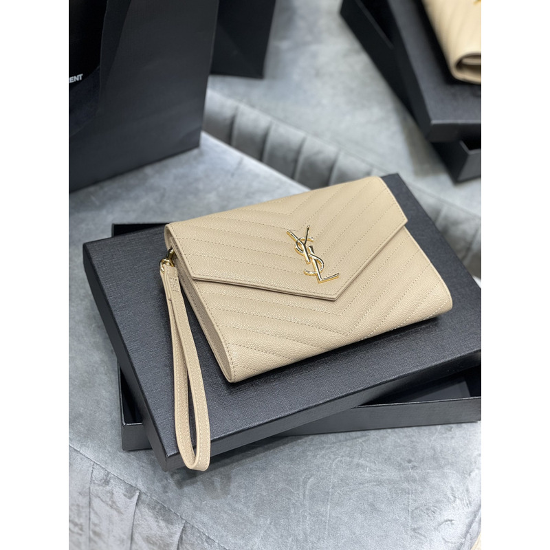 Saint Laurent Flap Pounch in Grain De Pouder Embossed Leather Beige