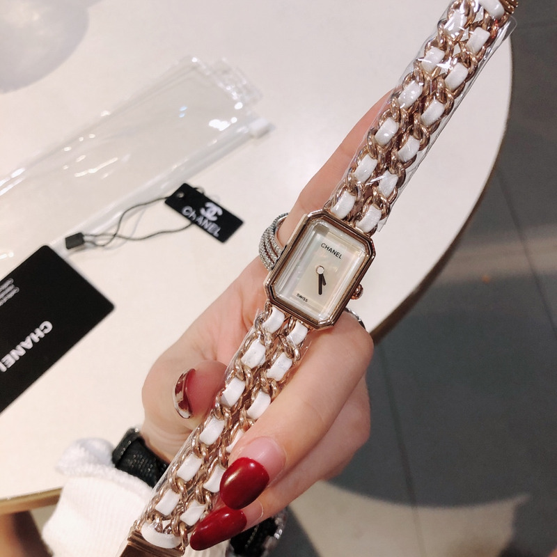 Ch*el premiere rock quartz plated metal and leather watch beige