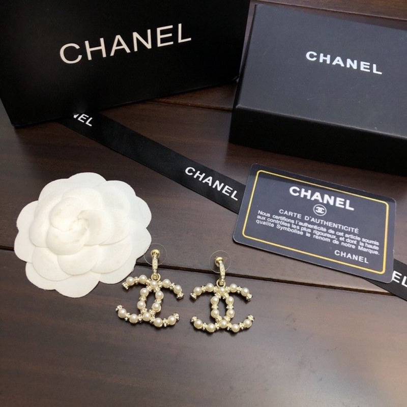 Ch*el cc logo pearl crystal gold tone drop earrings