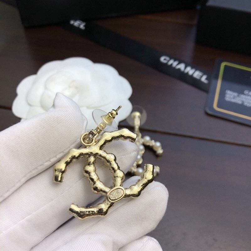 Ch*el cc logo pearl crystal gold tone drop earrings