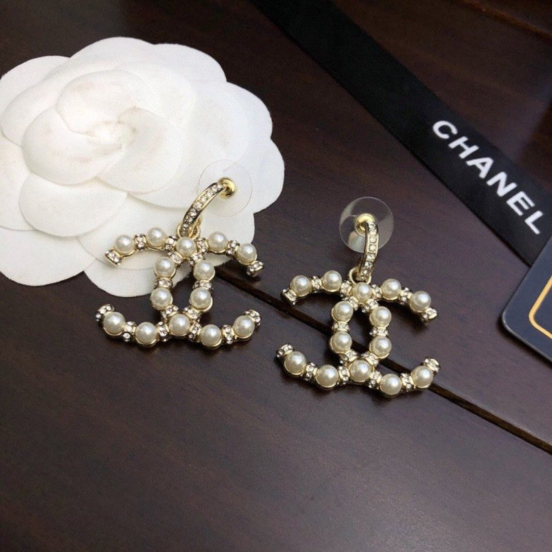 Ch*el cc logo pearl crystal gold tone drop earrings