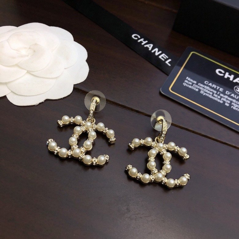 Ch*el cc logo pearl crystal gold tone drop earrings