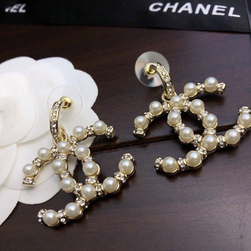 Ch*el cc logo pearl crystal gold tone drop earrings