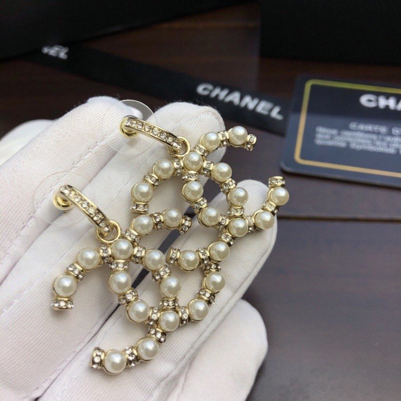 Ch*el cc logo pearl crystal gold tone drop earrings