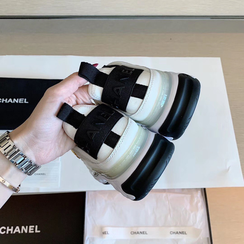 Ch*el velvet calfskin mixed fibers cc sneakers ivory black