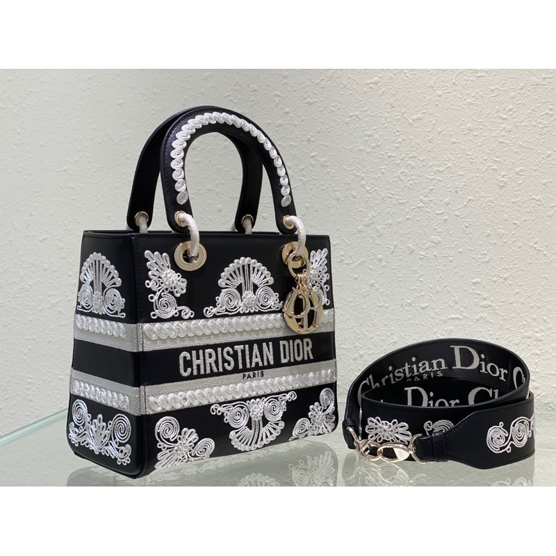 Medium Lady D-Lite Bag PERSONALIZE Mediu Black and White Ornamental Cornely-Effect Embroidery