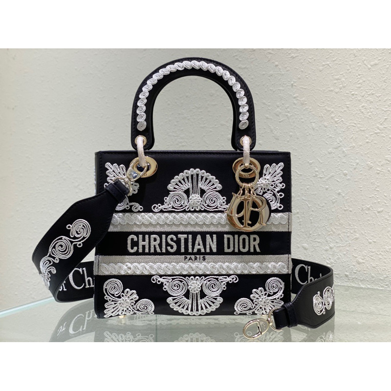 Medium Lady D-Lite Bag PERSONALIZE Mediu Black and White Ornamental Cornely-Effect Embroidery