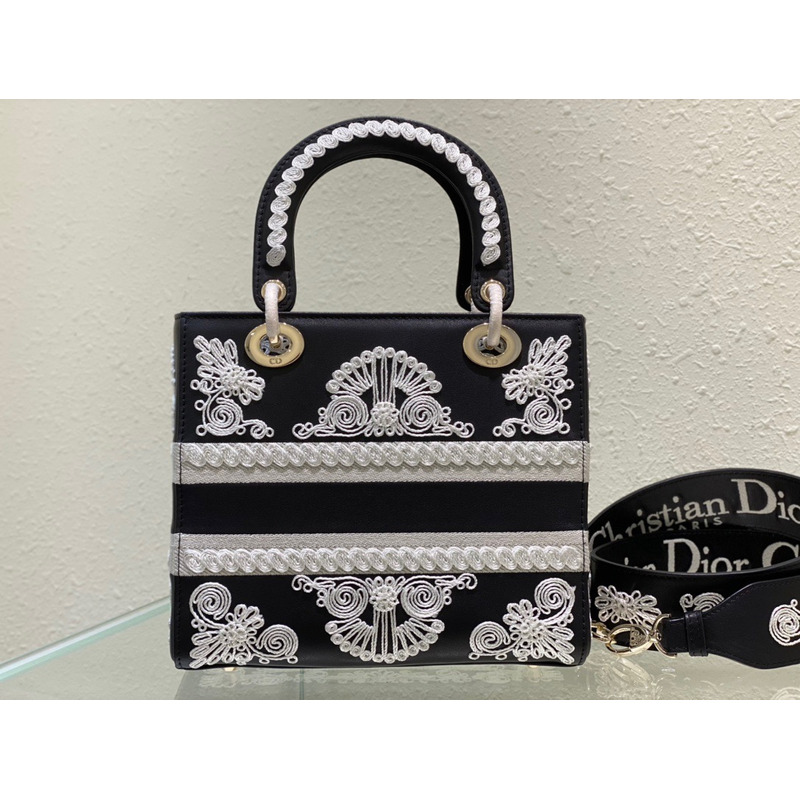 Medium Lady D-Lite Bag PERSONALIZE Mediu Black and White Ornamental Cornely-Effect Embroidery