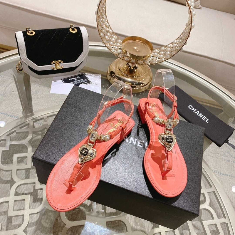 Ch*el lambskin metal diamanté & imitation pearls sandals red
