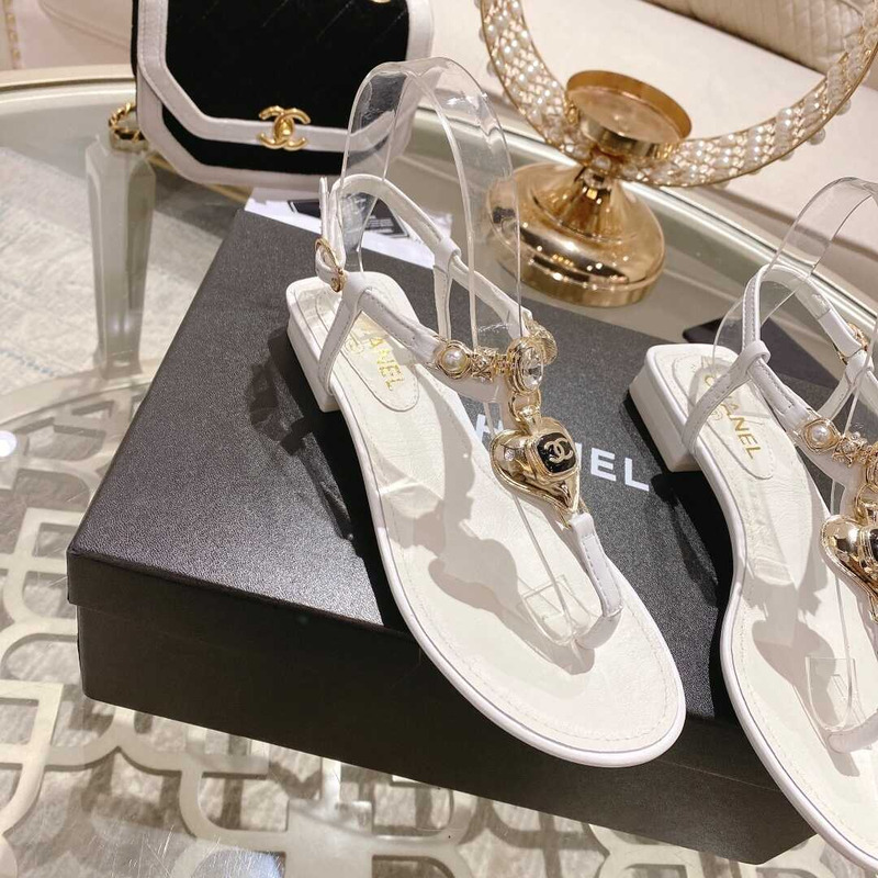Ch*el lambskin metal diamanté & imitation pearls sandals white
