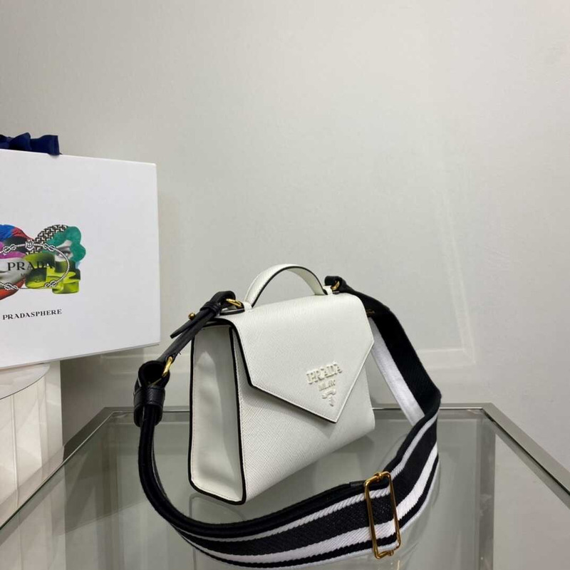 pra*a monoCh*0me saffiano leather bag white