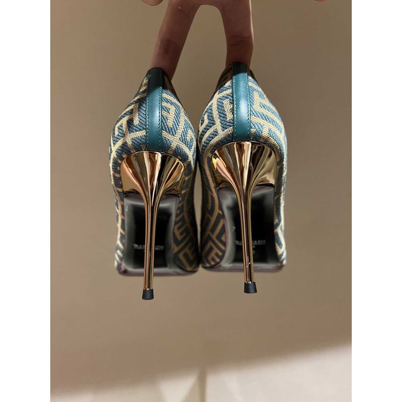 Balmain Logo Monogram Pointed Toe Pumps Blue&Yellow