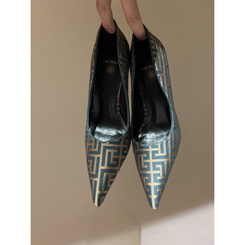 Balmain Logo Monogram Pointed Toe Pumps Blue&Yellow