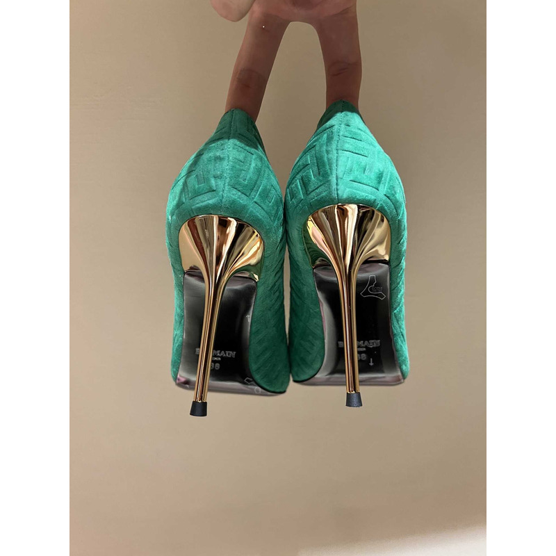 Balmain Logo Monogram Pointed Toe Pumps Light Green