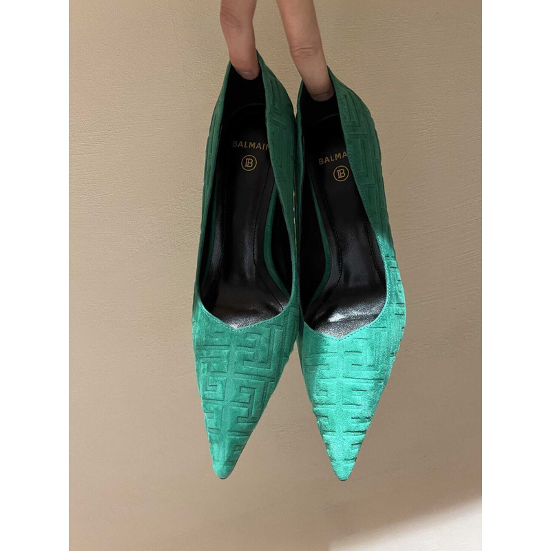 Balmain Logo Monogram Pointed Toe Pumps Light Green