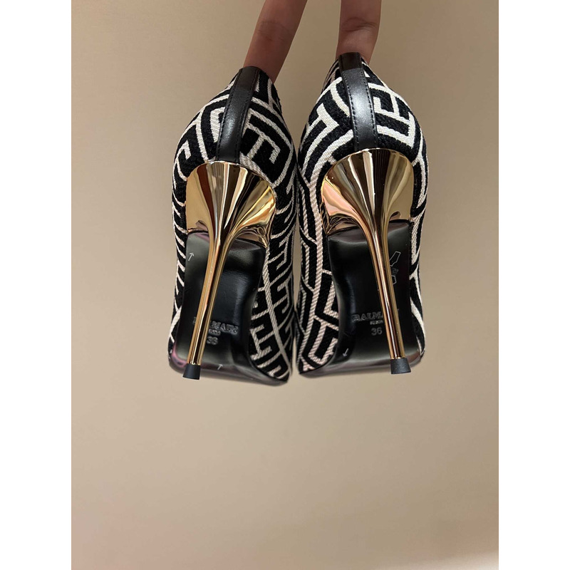 Balmain Logo Monogram Pointed Toe Pumps Black&White