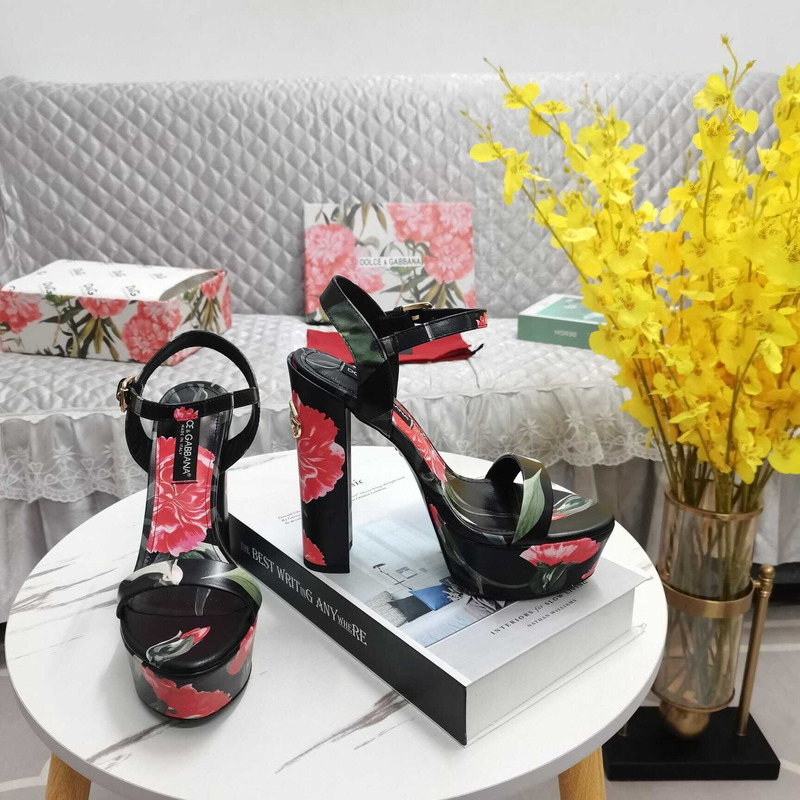 Dolce & Gabbana Printed Fabric Platform Sandals Heels Black