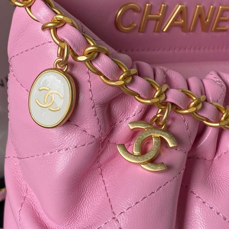 Ch*el small bucket bag lambskin resin & gold-tone metal pink