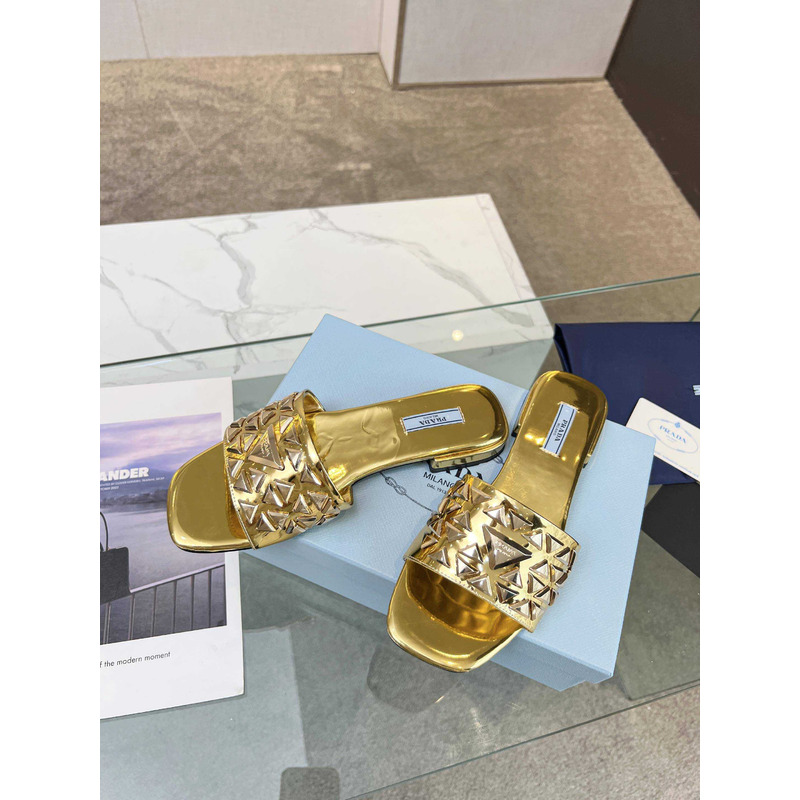 Pra*a leather studded metallic slides gold