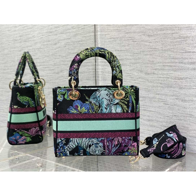 D*or medium lady d-lite bag blue multicolor toile de jouy voyage embroidery