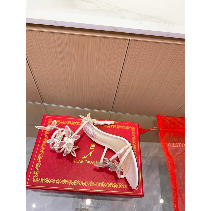 Rene Caovilla Leruy Diamante Butterfly Wrap High Heel Sandals White