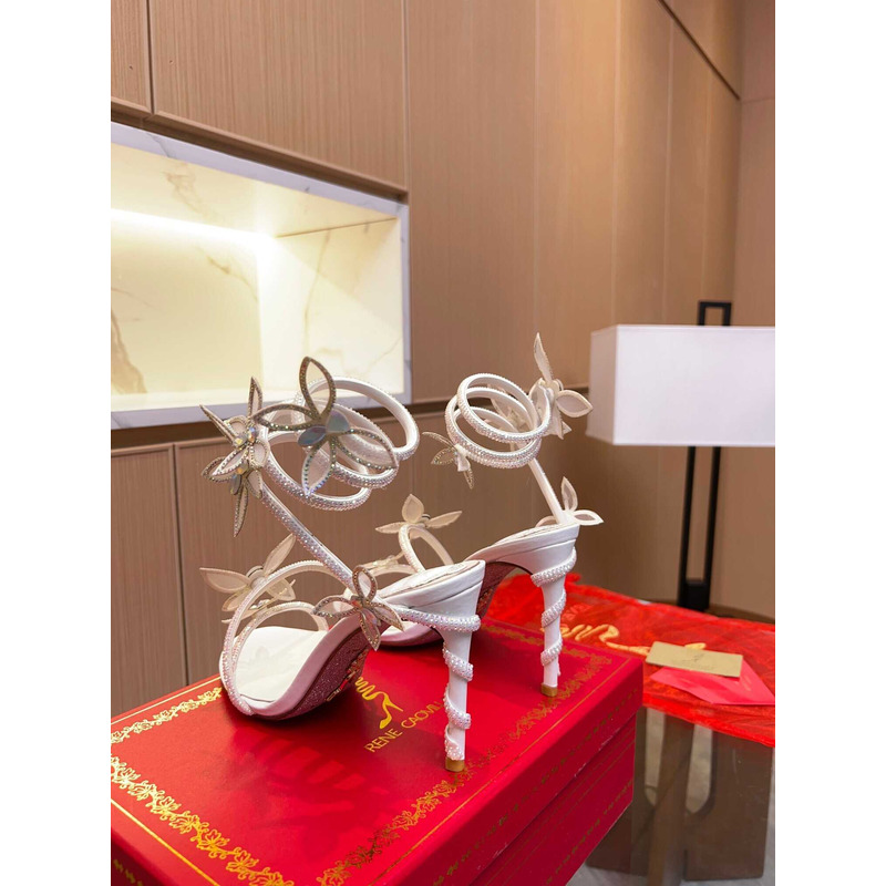 Rene Caovilla Leruy Diamante Butterfly Wrap High Heel Sandals White
